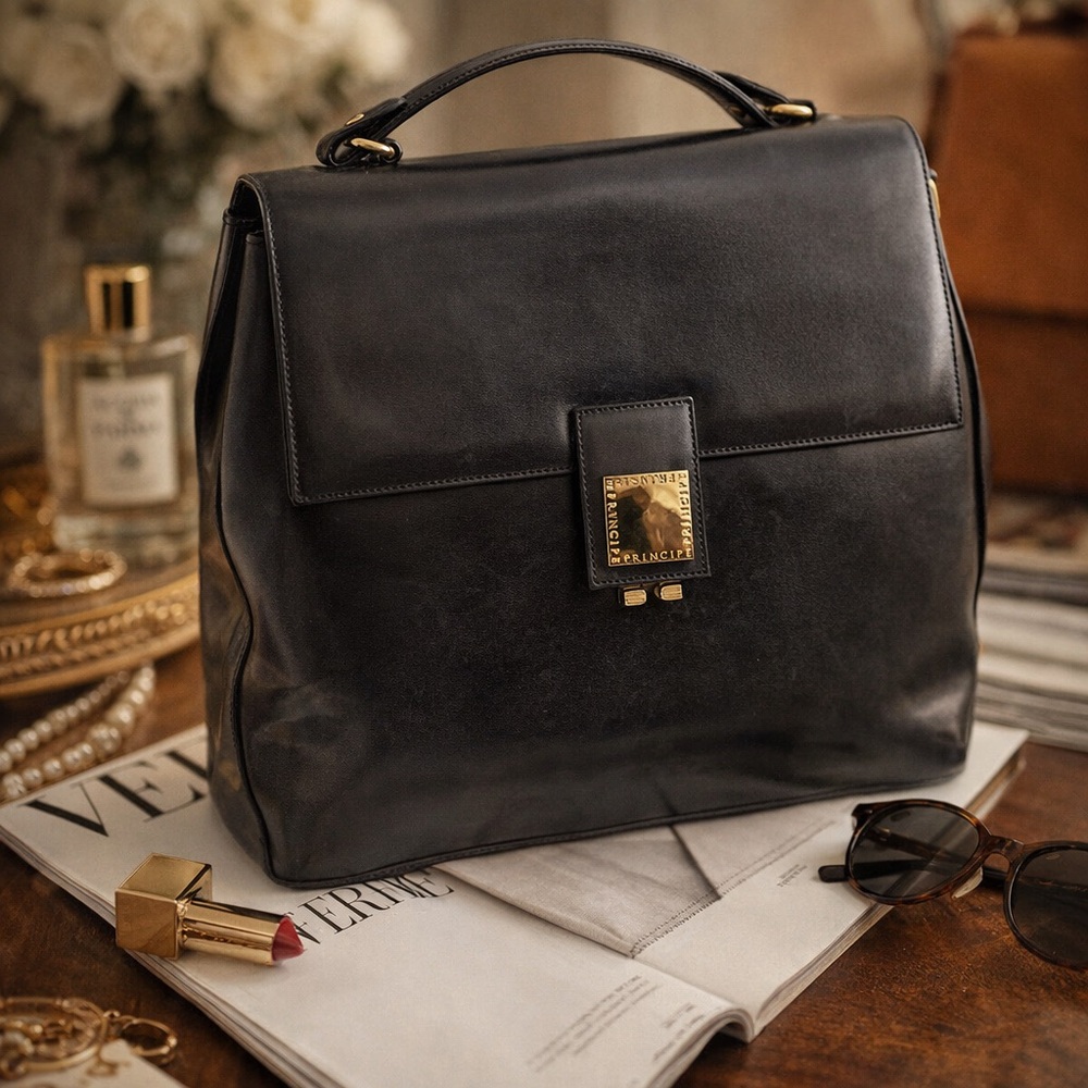 Vintage Principe Italian Black Leather Top-Handle Bag Made in Italy Purse